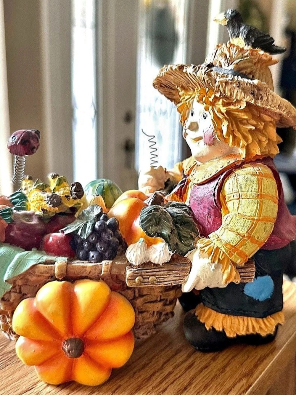 Fall Autumn Scarecrow with Gourd Wheelbarrow Figurine Decor 7x7